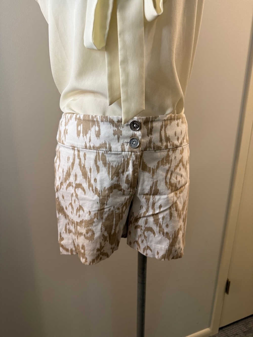 Michael Kors Beige and White Ikat High-Waist Shorts